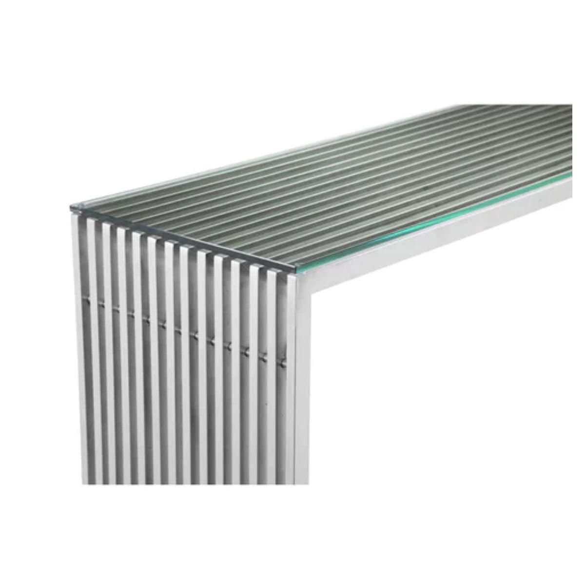 Deanna Slate Console Table made of stainless steel with clear glass top