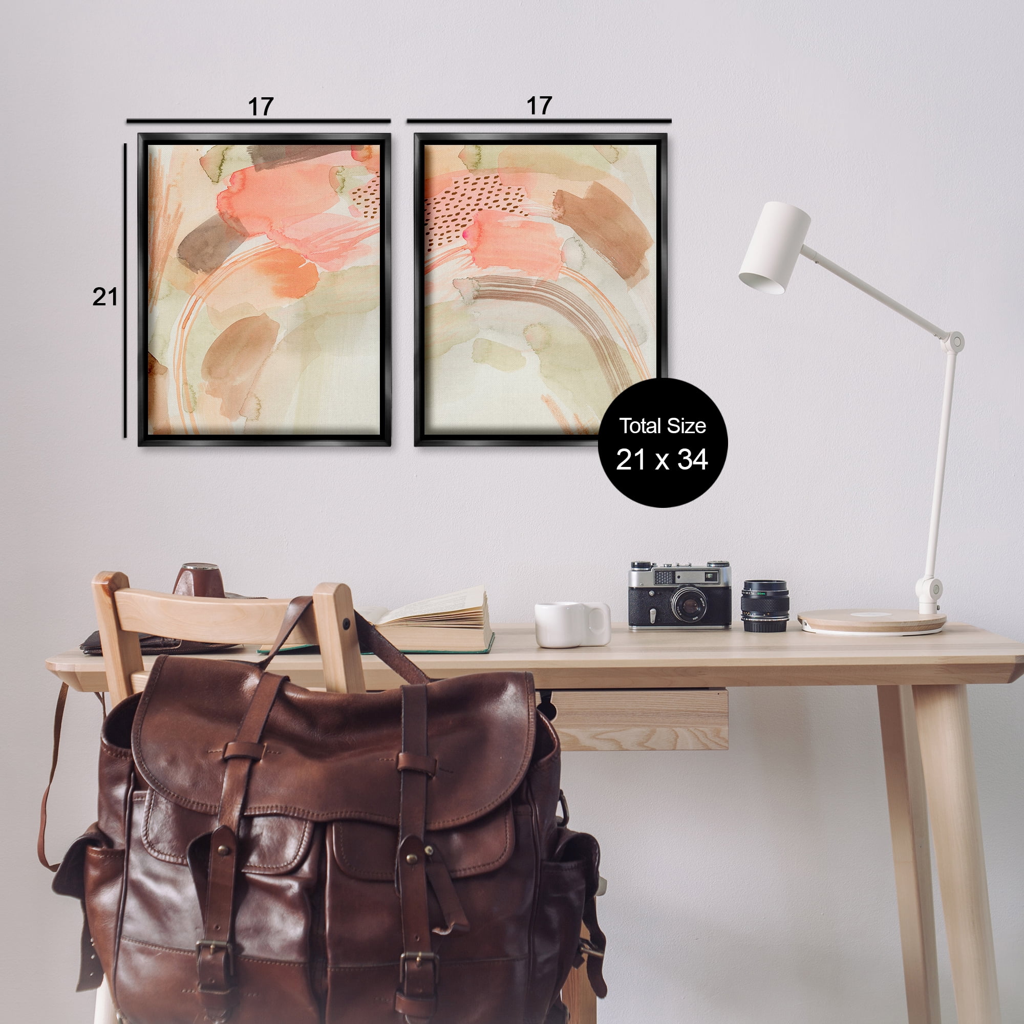 Stupell Industries Pink Peach Abstract Watercolor Abstract Painting Black Floater Framed Canvas Art Print Wall Art, 17 x 21, Set of 2