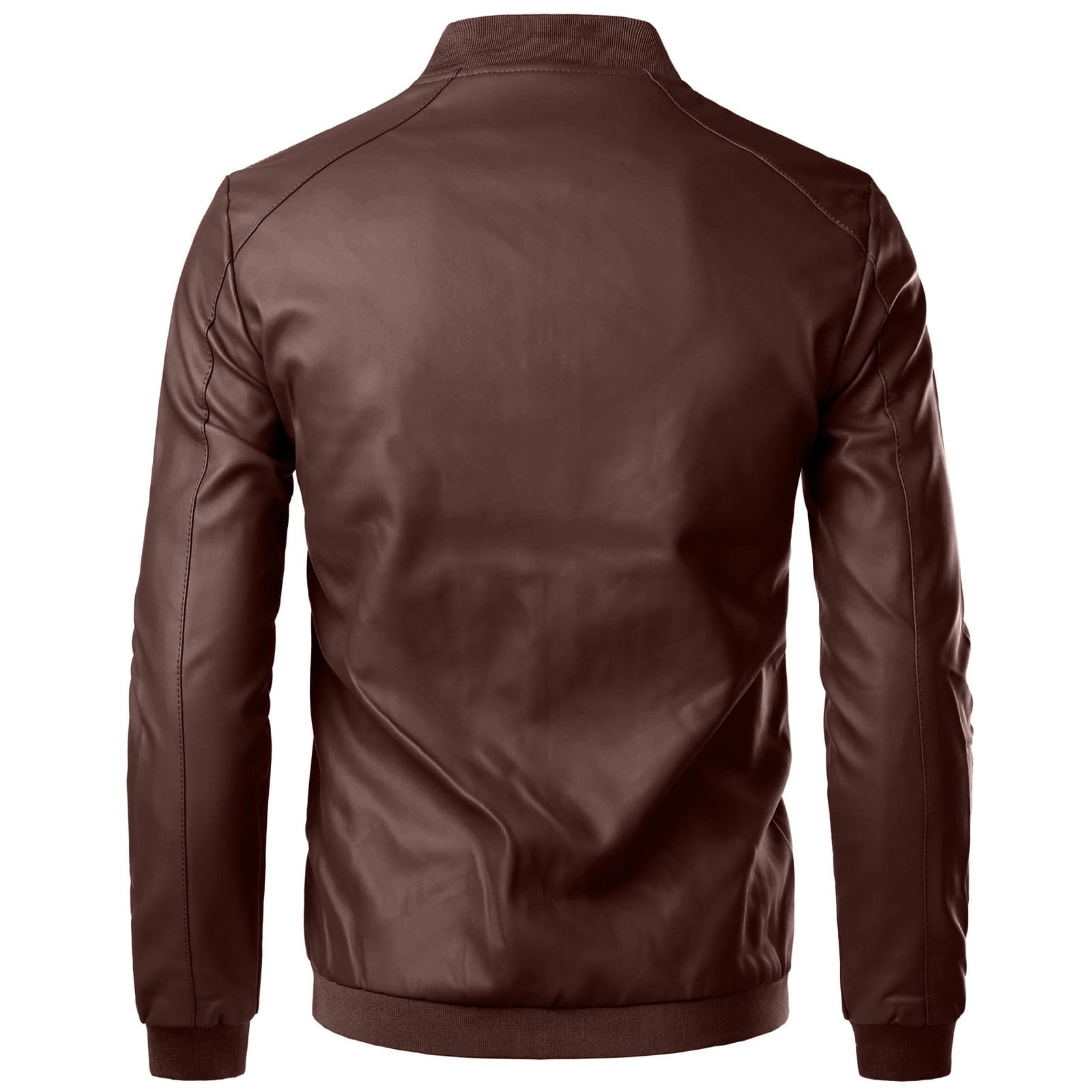 RYDCOT Men Solid Color Leather Jacket Outerwear Fashion PU Leather Long Sleeved Stand Collar Coat Brown