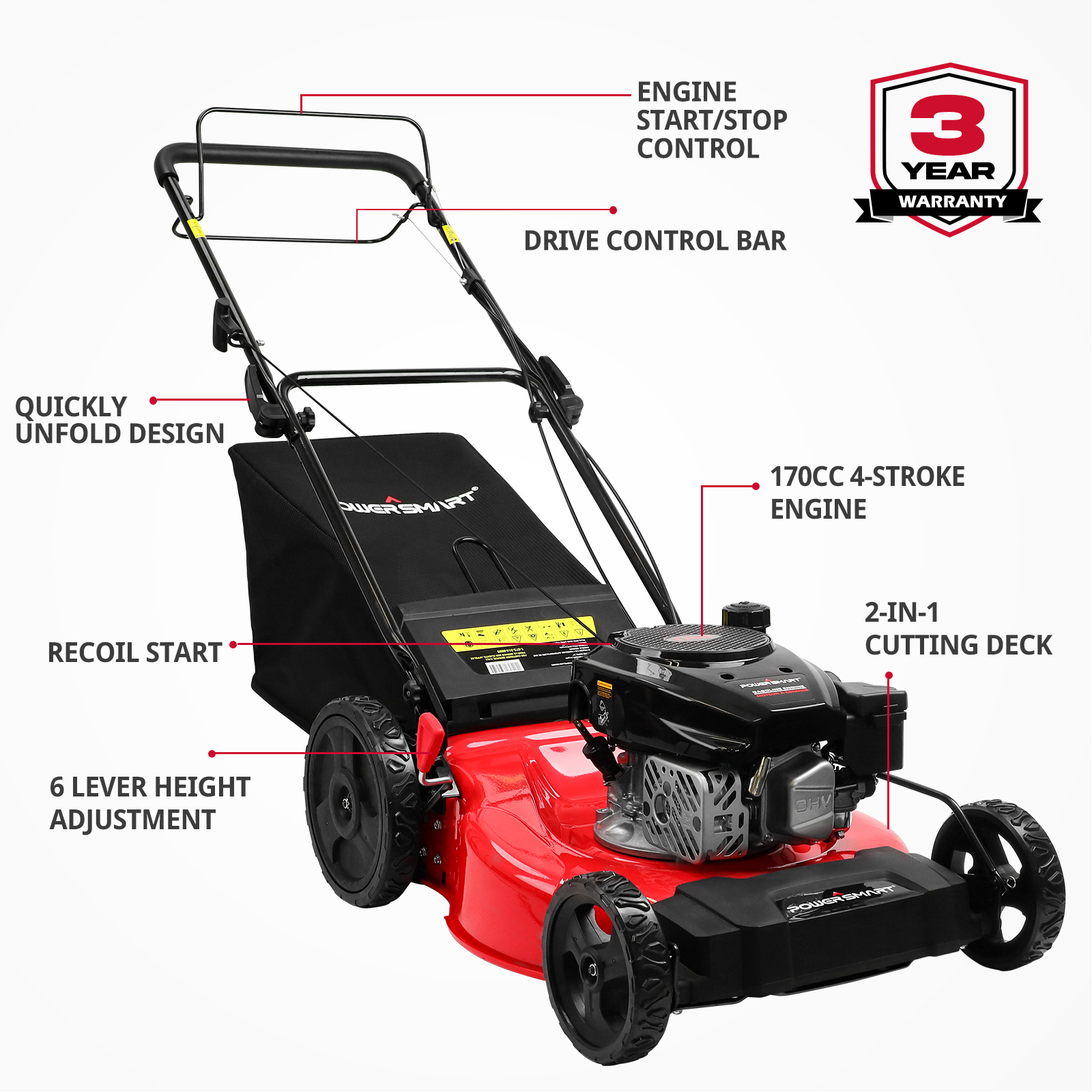 Power Smart 21-inch 2-in-1 Gas Self-Propelled Powered  Lawn Mower with 170CC Engine - image 2 of 6