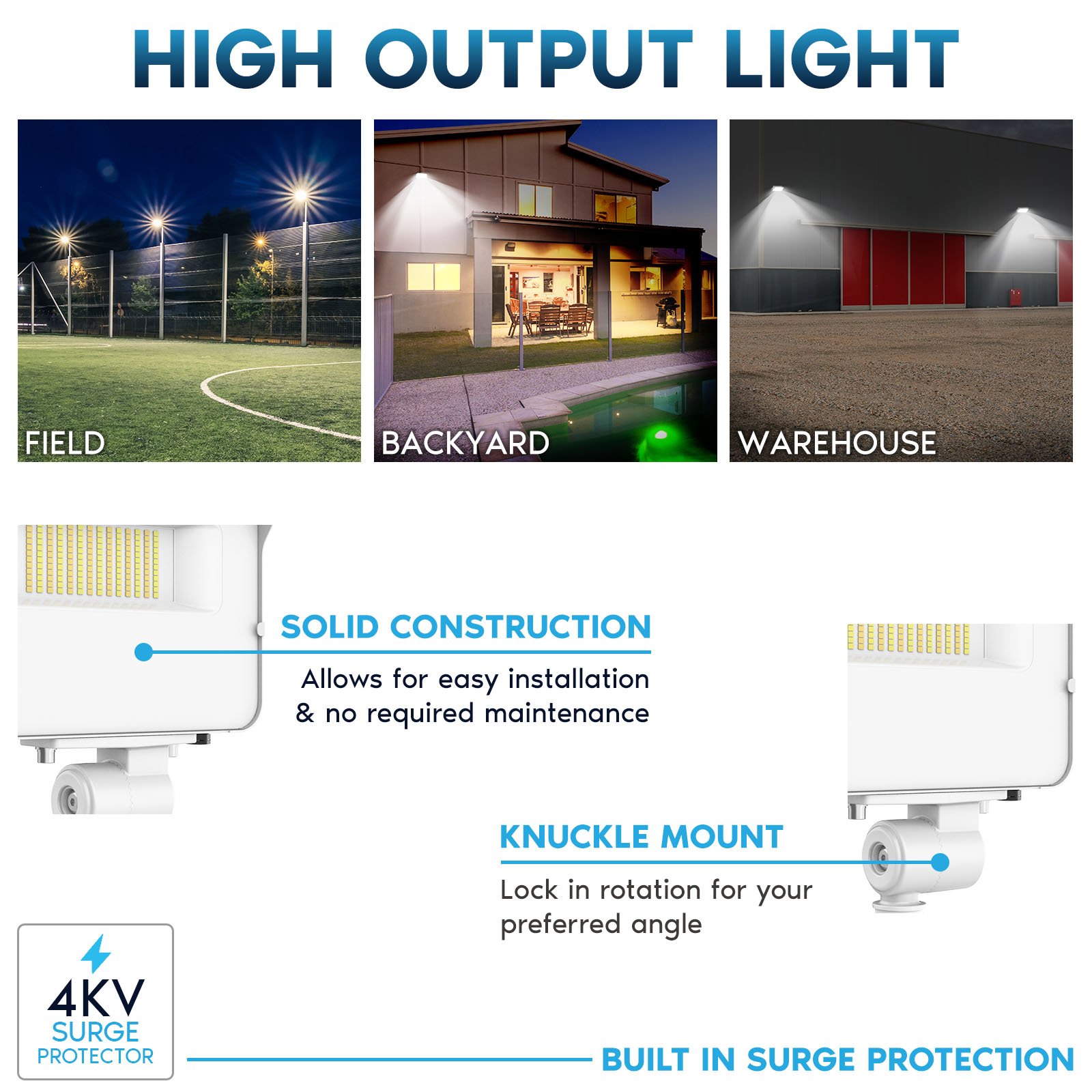Luxrite 15/30/50W LED Flood Lights Outdoor Dusk to Dawn Sensor, 6500LM Security Light, 3CCT, Knuckle Mount White