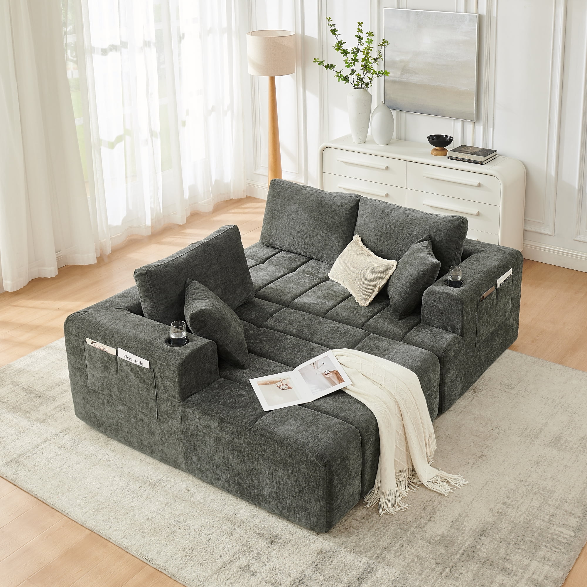 Leumius 108" L-Shaped Sectional Sofa,Chenille Boneless Couch, Modern 3-Seat Upholstered Cloud Couch Sectional with Deep Seat and Cup Holders for Living Room,No Assembly Required,Dark Gray