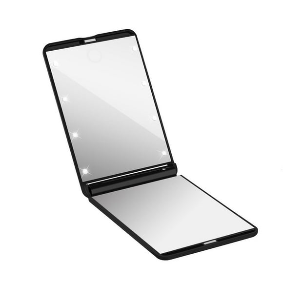 BRIGHTFUFU Espejo de maquillaje con luz LED plegable, portátil, compacto, 8 LED, luces plegables cosméticas, espejos (negro)