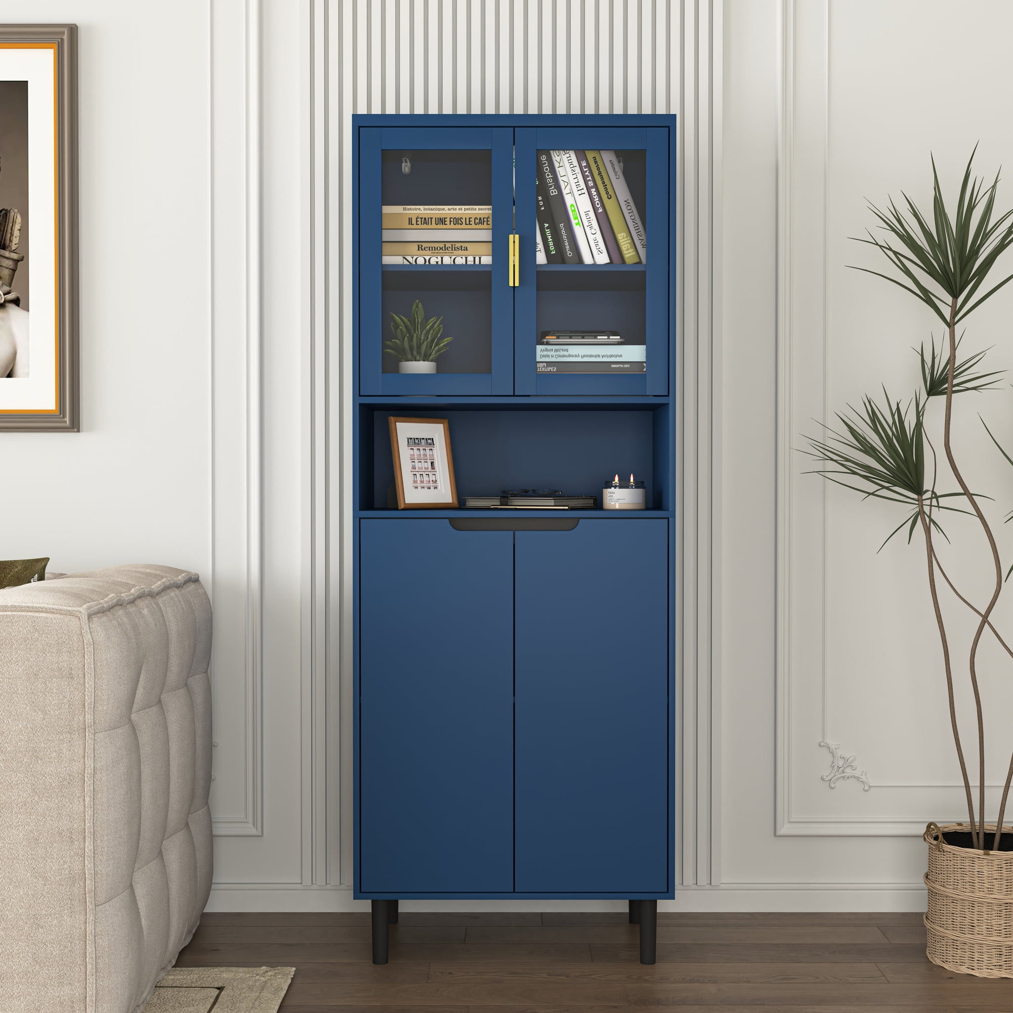 Noble House Tall Storage Bookcase Cabinet with Tempered Glass Doors and Adjustable Shelf, Navy Blue