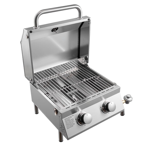 Dual Burner Stainless Steel Portable Propane Tabletop Gas Grill with Built in Thermometer Travel Lock Weatherproof Lid 15000 BTU for Outdoor Cooking Patios Parties Camping RVs