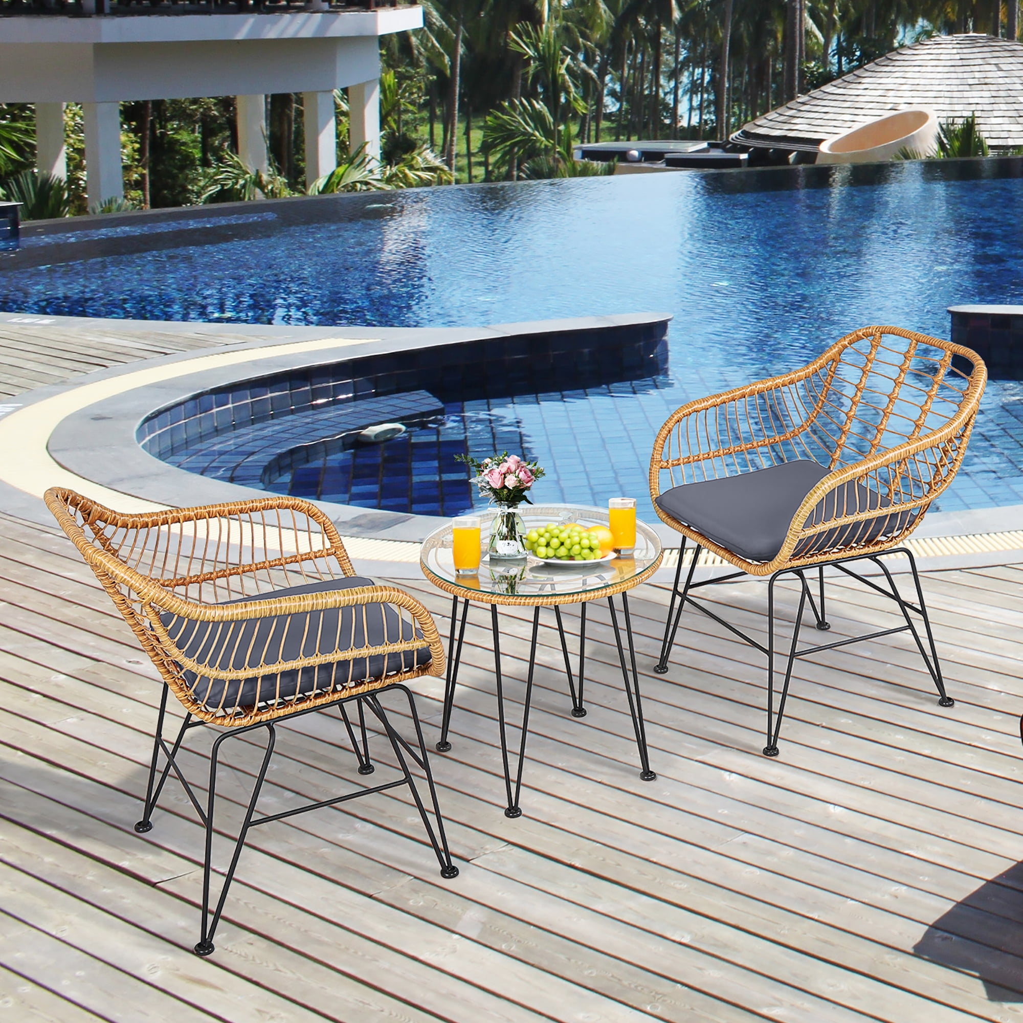 Costway 3PCS Patio Rattan Bistro Furniture Set Cushioned Chair Table Grey