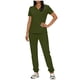 thumbnail image 2 of Conjunto de uniforme médico para mujer, cuello en V, manga corta, blusa, cintura elástica y pantalones deportivos, color sólido, conjunto de trabajo de enfermería de 2 piezas con bolsillos., 2 of 7