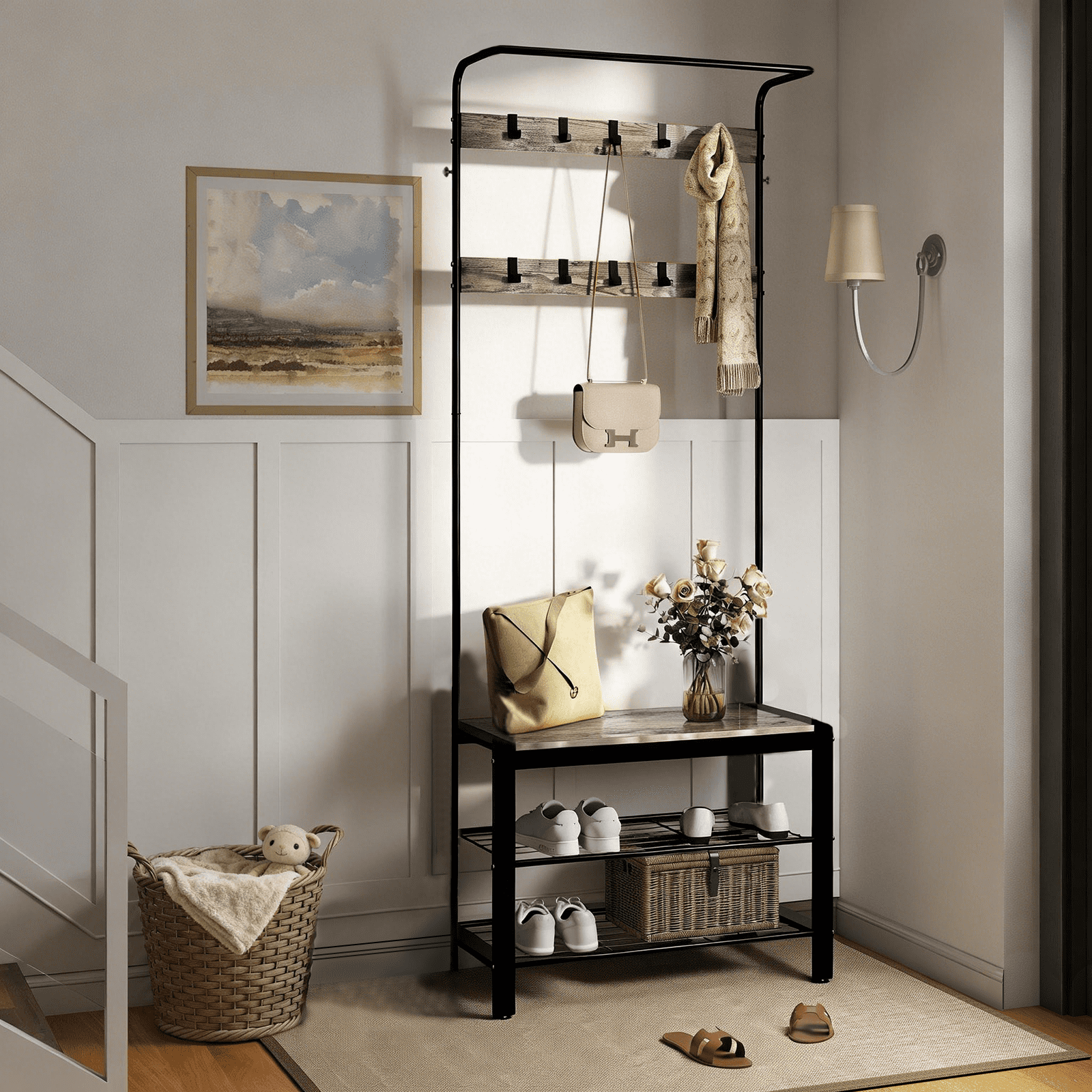 ZIVACATE Coat Rack, Hall Tree with Shoe Storage Bench, Entryway Bench with Shoe Storage, 4-in-1, Steel Frame, for Entryway, 28.35 x 13.27 x 72.05 in,Grey