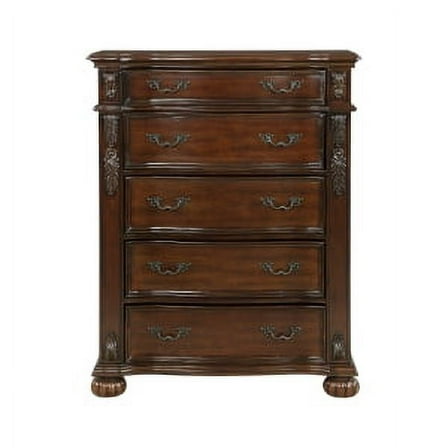 Adelina Collection Chest with 5 Drawers in Cherry Finish with Traditional Fixed-Pull Hardware and Acanthus Leaf Carvings