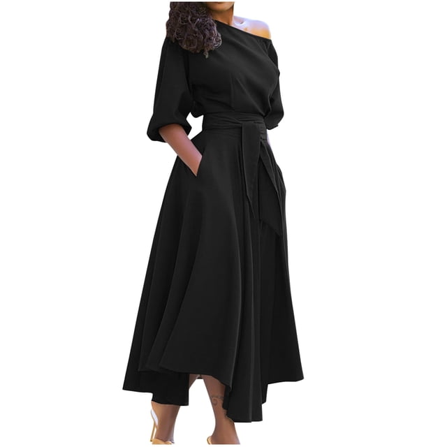 Vestido largo sin hombros de verano para mujer: dobladillo irregular con cinturón, corte en A para ocasiones sexys o informales
