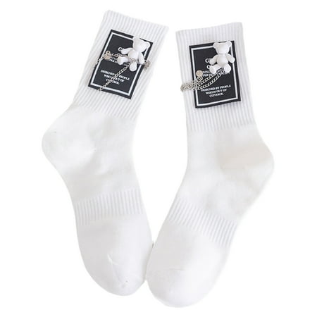 

CHOMOEN Unisex Harajuku Ribbed Crew Socks Cute Bear Metal Chain Letters Patch Hosiery