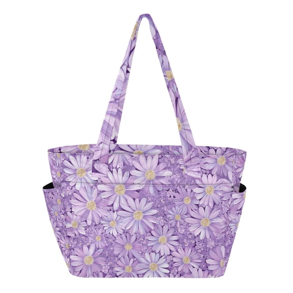 Purple Daisies Women's Quilted Tote HandBag Beach Bag Shoulder Bag with Luggage Strap 18L for Commute Gym Travel