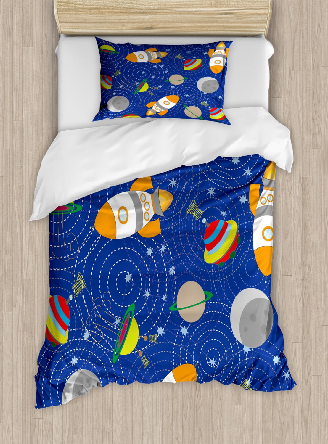 Kids Boys Twin Size Duvet Cover Set, Outer Space Themed Moon Spaceship