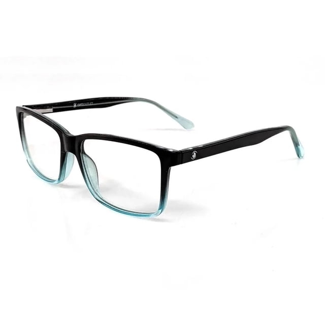 lentes para computadora con mica luz azul uv optioutlet armazón negro/azul, vista 3/4 frontal de montura rectangular completa con degradado a azul translúcido en bordes inferiores y terminales; patillas y bisagras flexibles y micas instaladas. Suelen usarse para uso prolongado frente a pantallas.