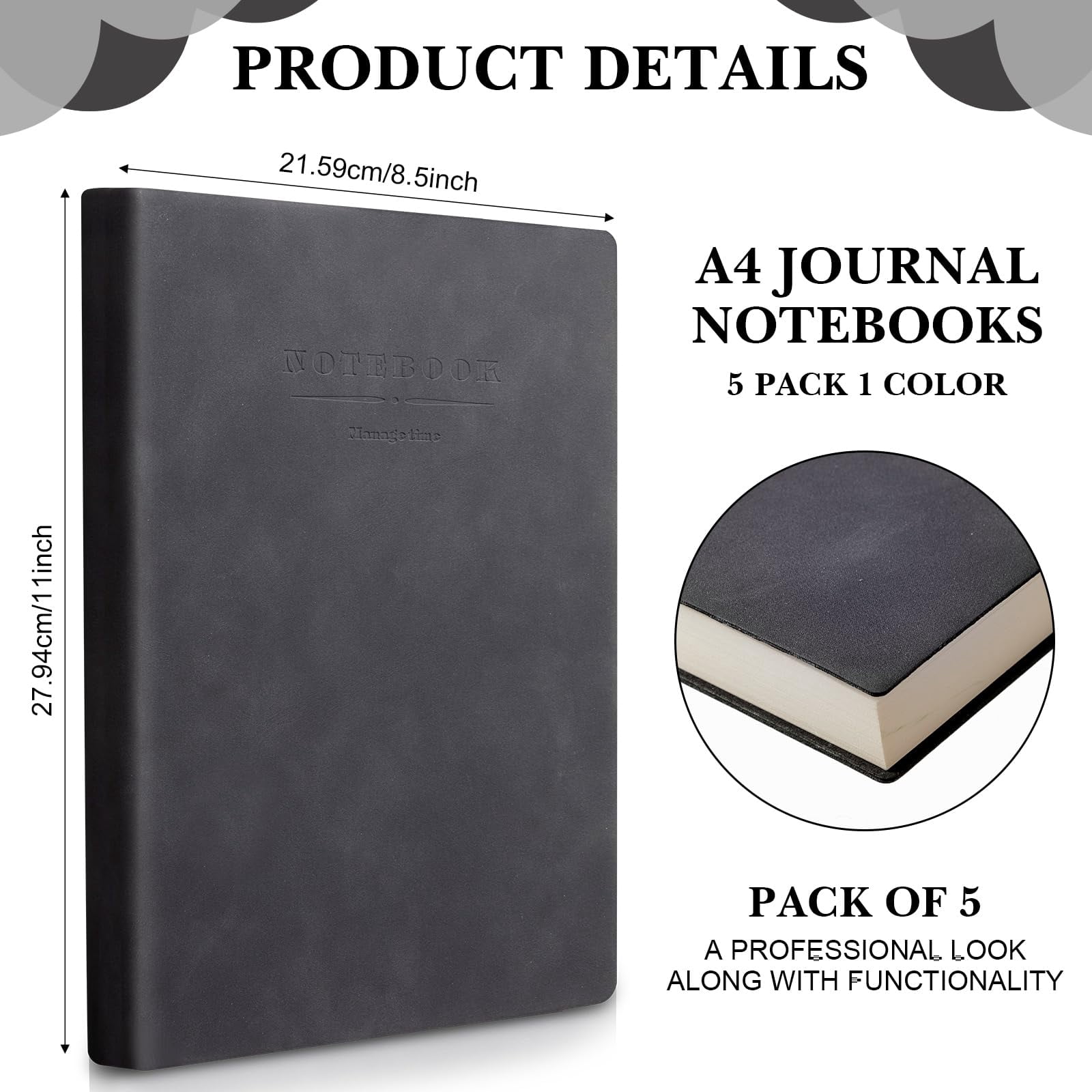 5 Pack A4 Notebooks Large Journal 360 Pages Leather Softcover Hardcover Thick Paper Lined Note Writing Notepad For Travel Office School Business  8.5'' X 11''(black)