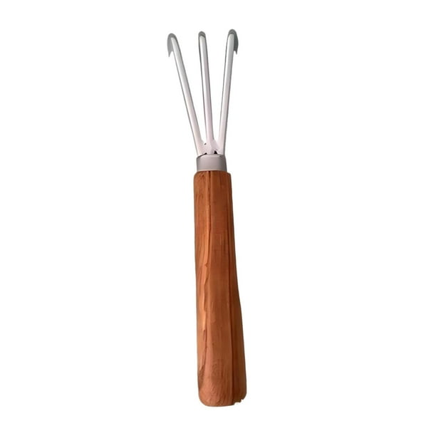 Rastrillo de mano para jardín, miniherramienta portátil de 3 puntas con mango de madera pequeño, cultivador manual para Marrón oscuro