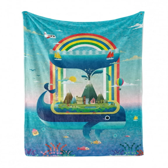 Whale Soft Flannel Fleece Throw Blanket, Ecology Environmental Design Global Concept with a Rainbow Ocean and a Big Whale, Cozy Plush for Indoor and Outdoor Use, 50" x 60", Multicolor, by Ambesonne