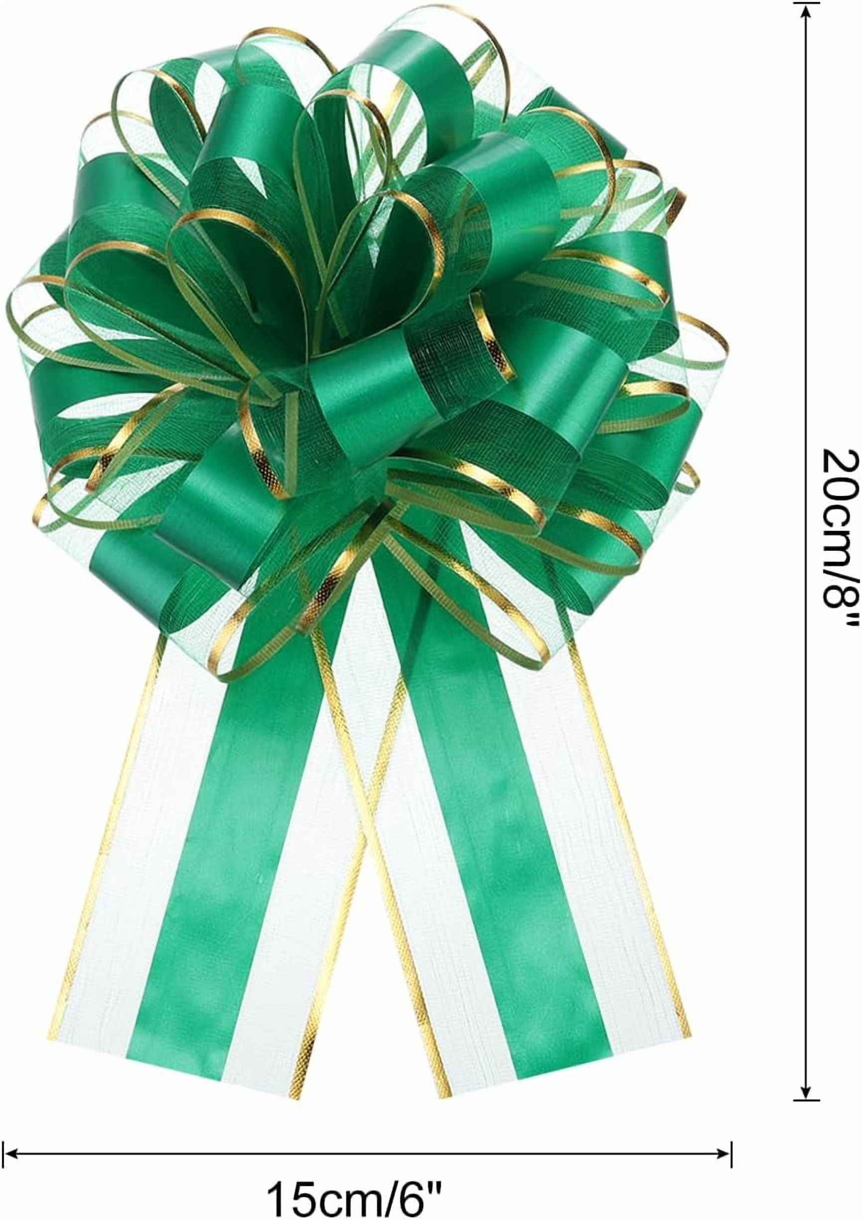 5pcs 6 Inch Large Big Pull Bow with Gold Edge, Organza Car Gift Wrapping Bows Ribbon for Wedding Baskets Presents Christmas Bow, Green