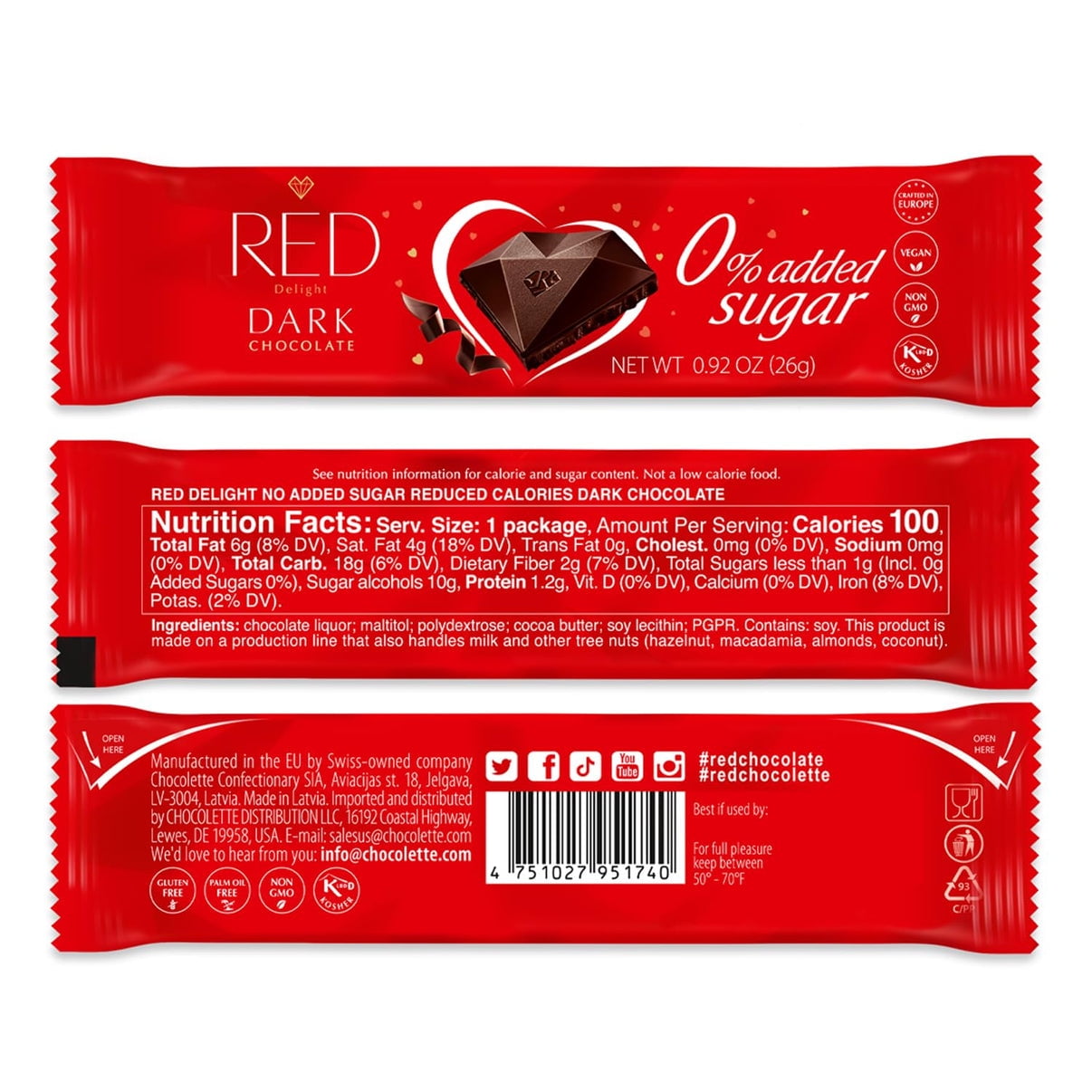 RED Delight Dark Chocolate 12 Count Box of Grab N Go Travel Size Bars (0.92 Ounces Each)
