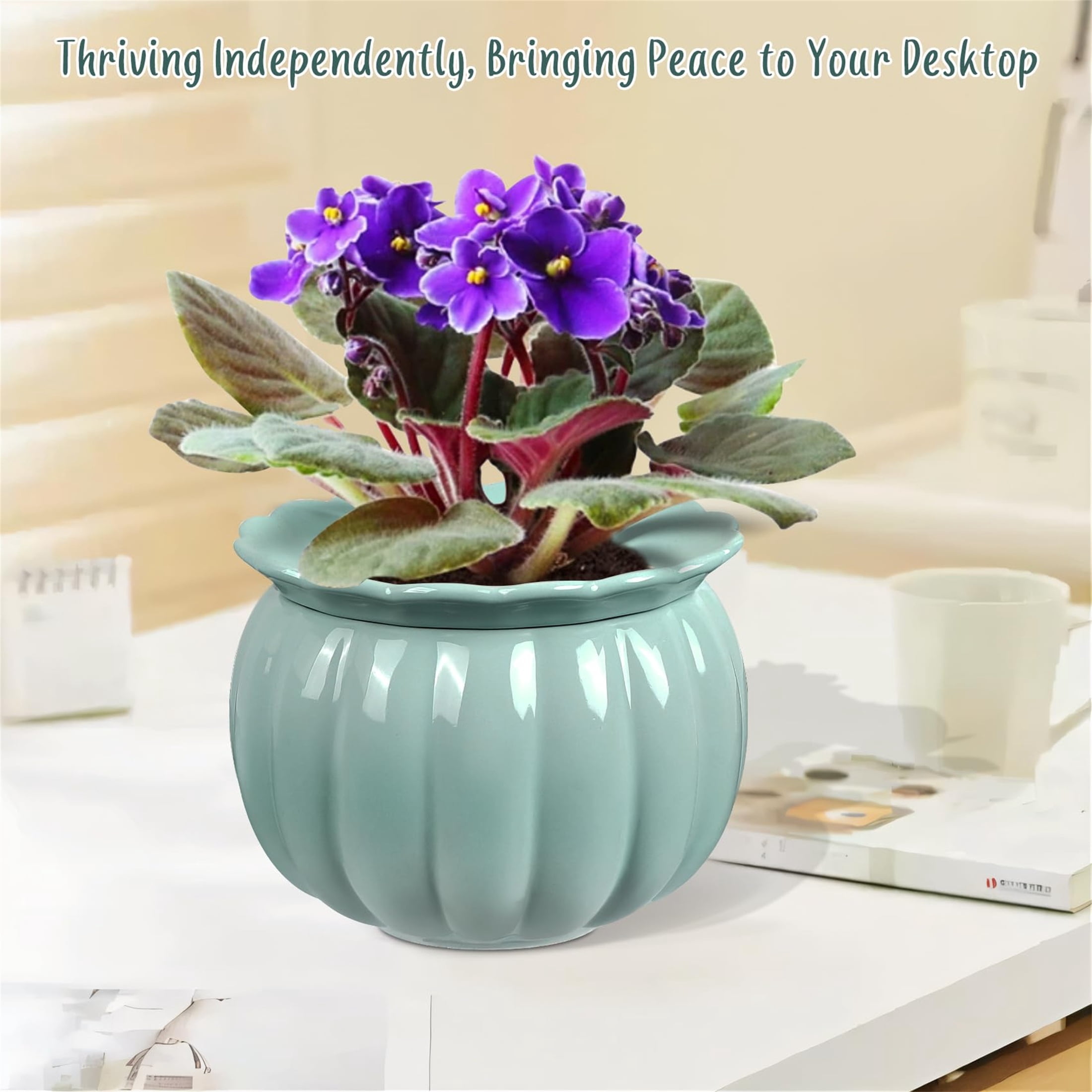 EFISPSS  African Violet Pot ,6" Ceramic Pumpkin  Easy Self Watering Flower Pot, For Indoor Plants,Glaze Blue