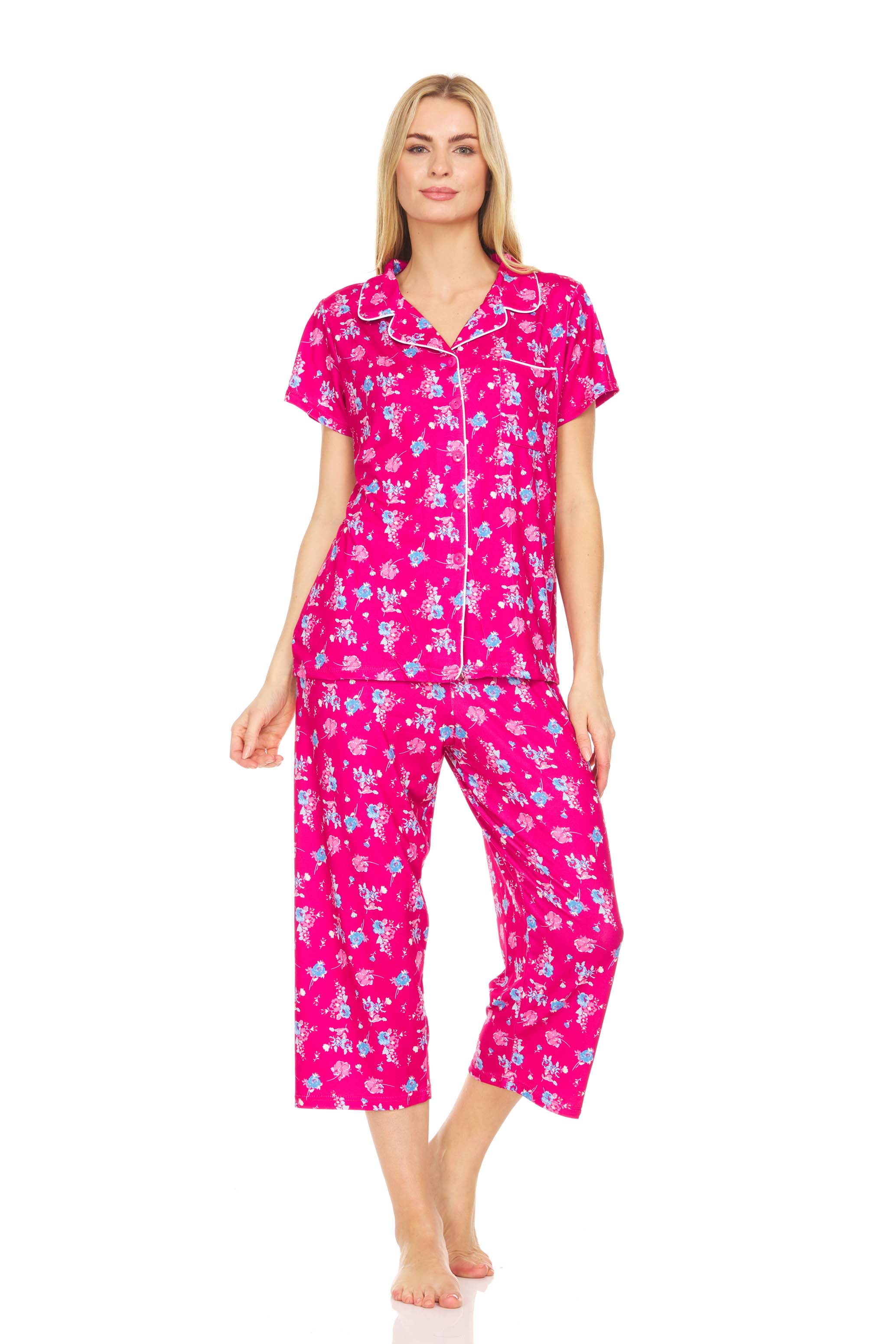 8101C Womens Sleepwear Woman Short Sleeve Button Down Pajamas Capri set