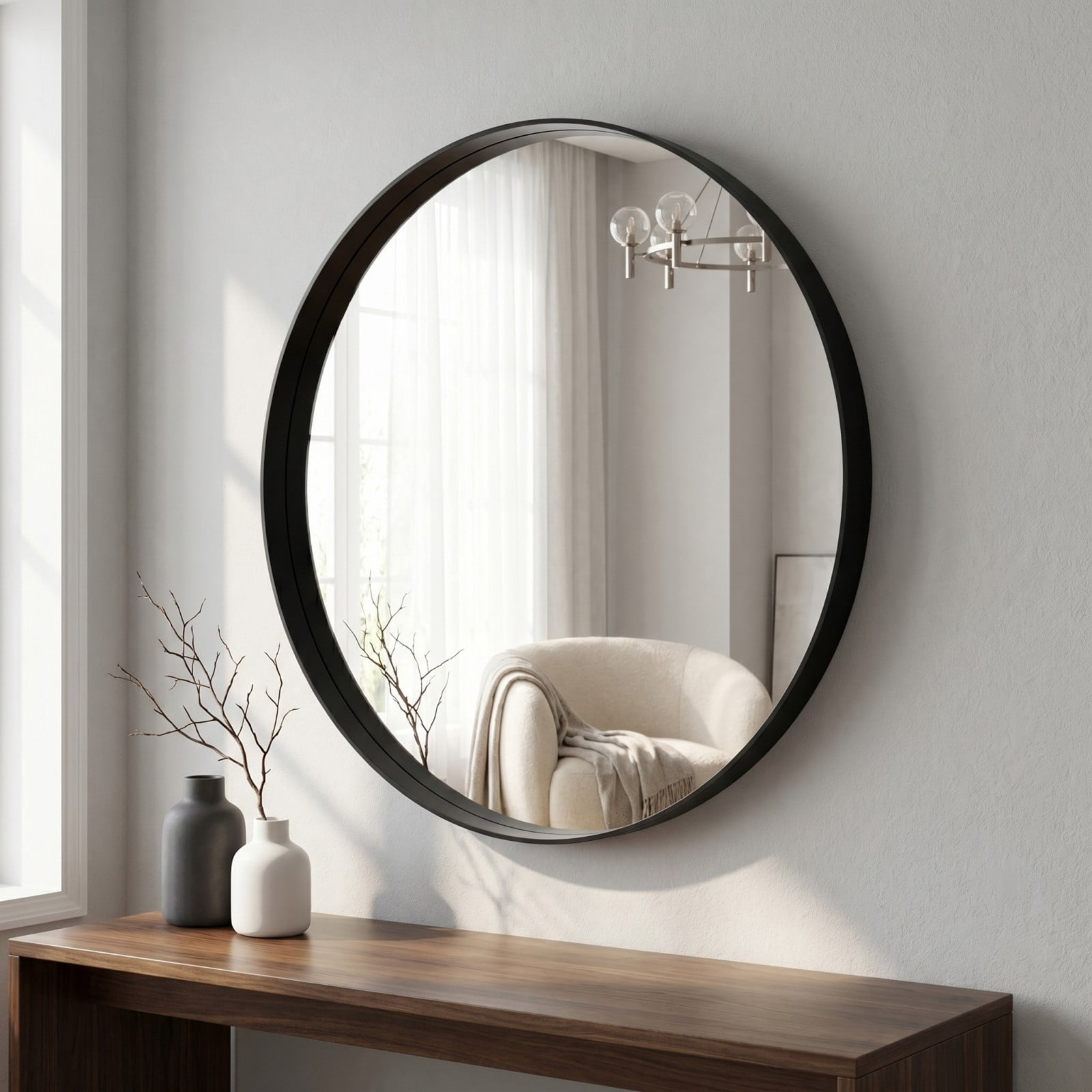 GRAHMCY 20" Round Bathroom Mirror Vanity Wall Mounted Mirror with Deep Frame, Black