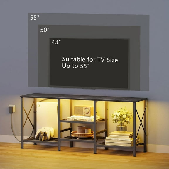 TV Stand with LED Lights for 55 Inch TV, Entertainment Center with 3-Tier Open Shelves, TV Console Table for Living Room, Bedroom, Black