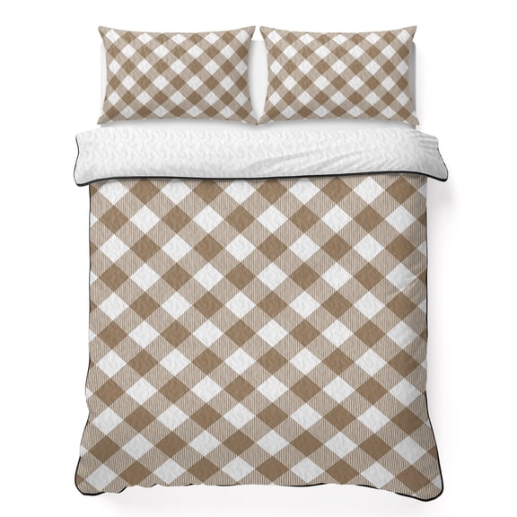 King Quilt Bedding Set Brown and White Plaid Summer Quilt Lightweight Quilted Coverlet with 2 Pillow Shams, Farm Lattice 3-Piece Bedspread Quilt Set for All Season