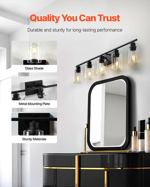 Modern 5-Light Bathroom Vanity Lighting Fixture,37.1-Inch Clear Glass Shade Wall Light for Living Room,Bedroom,Hallway,E26 Base,60W(Bulbs Not Included)