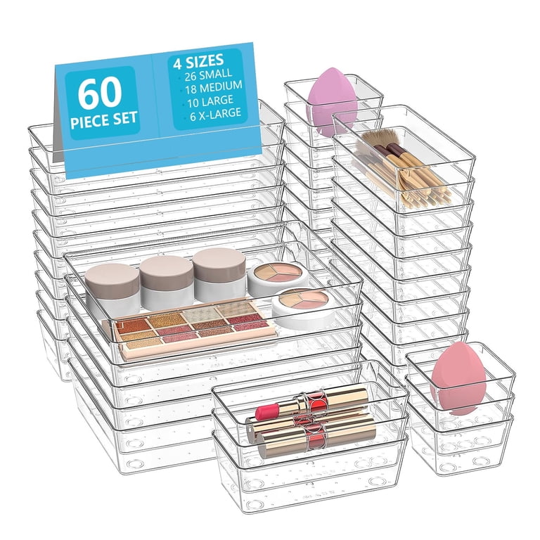 Asnews 60-Piece Clear Plastic Drawer Organizer Set, 4 Sizes photo 1