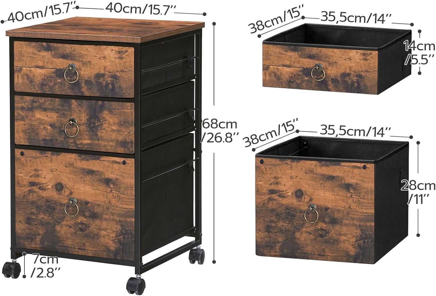3-Drawer Rolling File Cabinet for Home Office, Vertical Under-Desk Cart with Fabric Drawers, A4/Letter-Sized, Rustic Brown