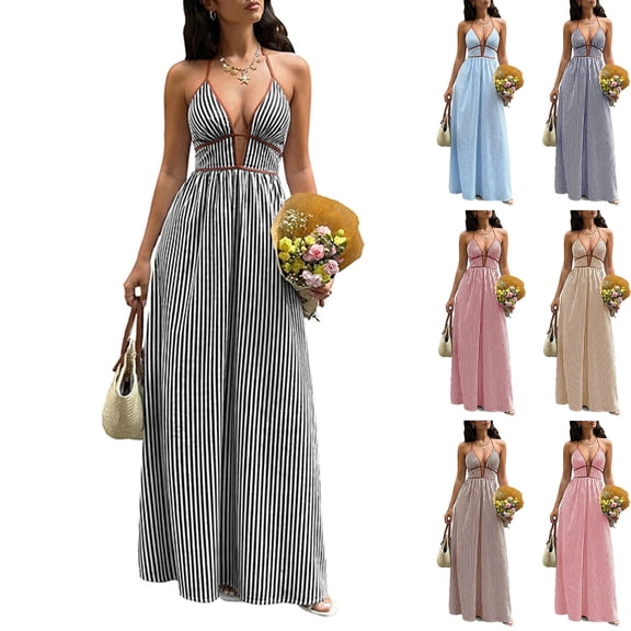 Miluxas Women's Sleeveless Halter Maxi Dress Trendy Vertical Striped Backless Smocked Dress Summer Casual Boho Style Beach Travel Outfits Yellow