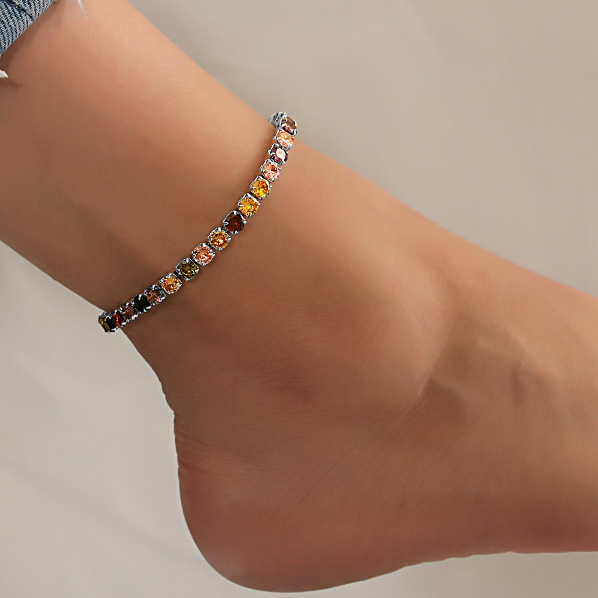 Sterling Silver Cubic Zirconia Adjustable Anklet - 7" + 2" inches for Female in Brass Metal
