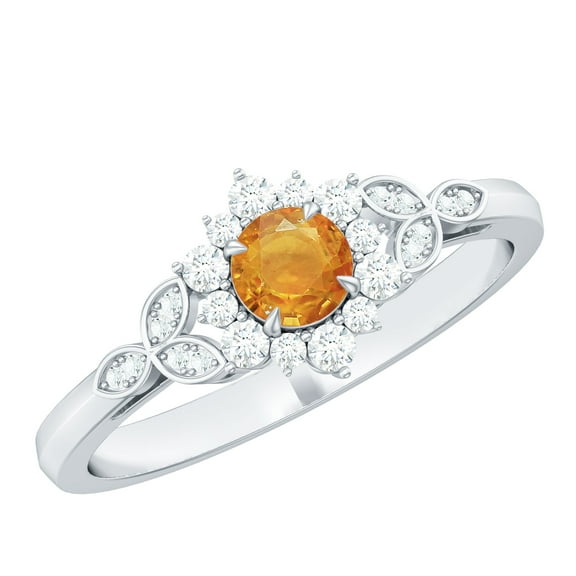 Rosec Jewels Floral Ring with Orange Sapphire and Diamond (0.50 CT, AAA Quality), 925 Sterling Silver, US 4.00