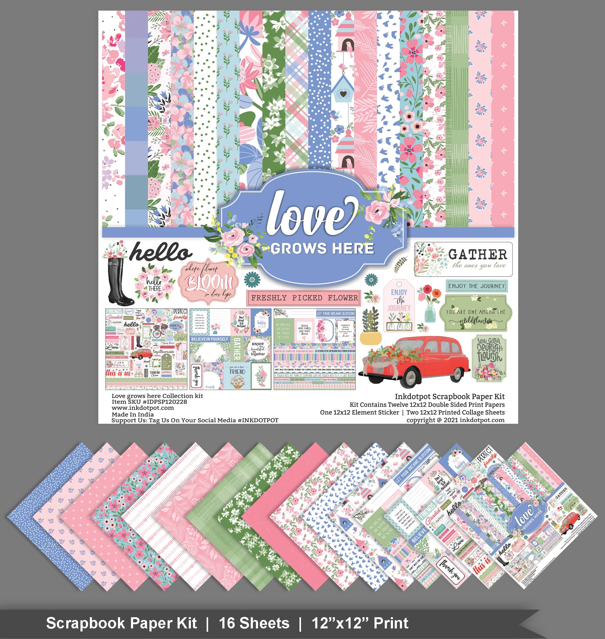 Inkdotpot Pastel Floral Collection Double,Sided Scrapbook Paper Kit Cardstock 12"x12" Card Making Paper Pack Of With Sticker Sheet - 16 Pages - Pastel Purple