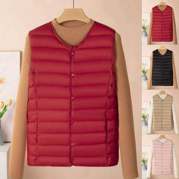 Nmnitkp Women's Puffer Vest Lightweight Stand Collar Zip Pockets Puffy Vests Sleeveless Quilted Padded Outerwear Wine,L