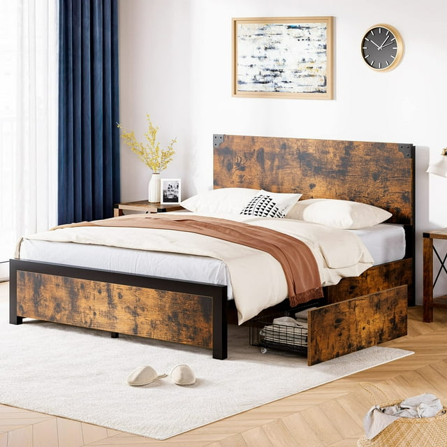 Metal Bed Frame with 4 Storage Drawers and Wood Headboard,Large Storage Space, No Box Spring Needed, Noise Free