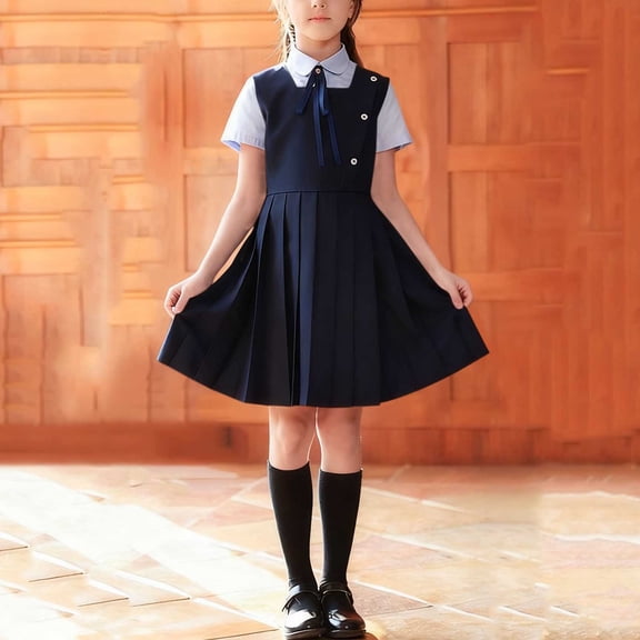Vmvidoty 3-15Y Girls School Uniform Three Piece Set - Campus Style Shirts & Skirts & Necktie Set Navy 7-8 Years