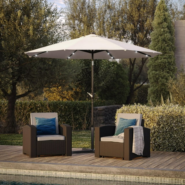 CorLiving Pegasus 9Ft Round Tilting Patio Umbrella with Solar Powered LED Lights and Powder-Coated Steel Frame