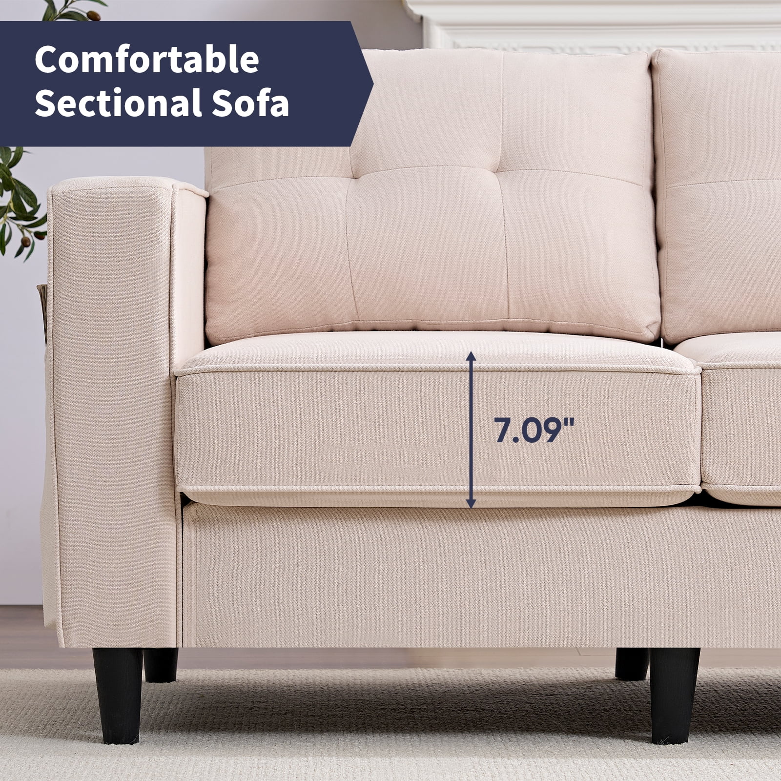 ZAFLY L Shaped Sectional Couch, Corner Couches and Sofas with Side Pockets, Sectionals for Living Room - Beige