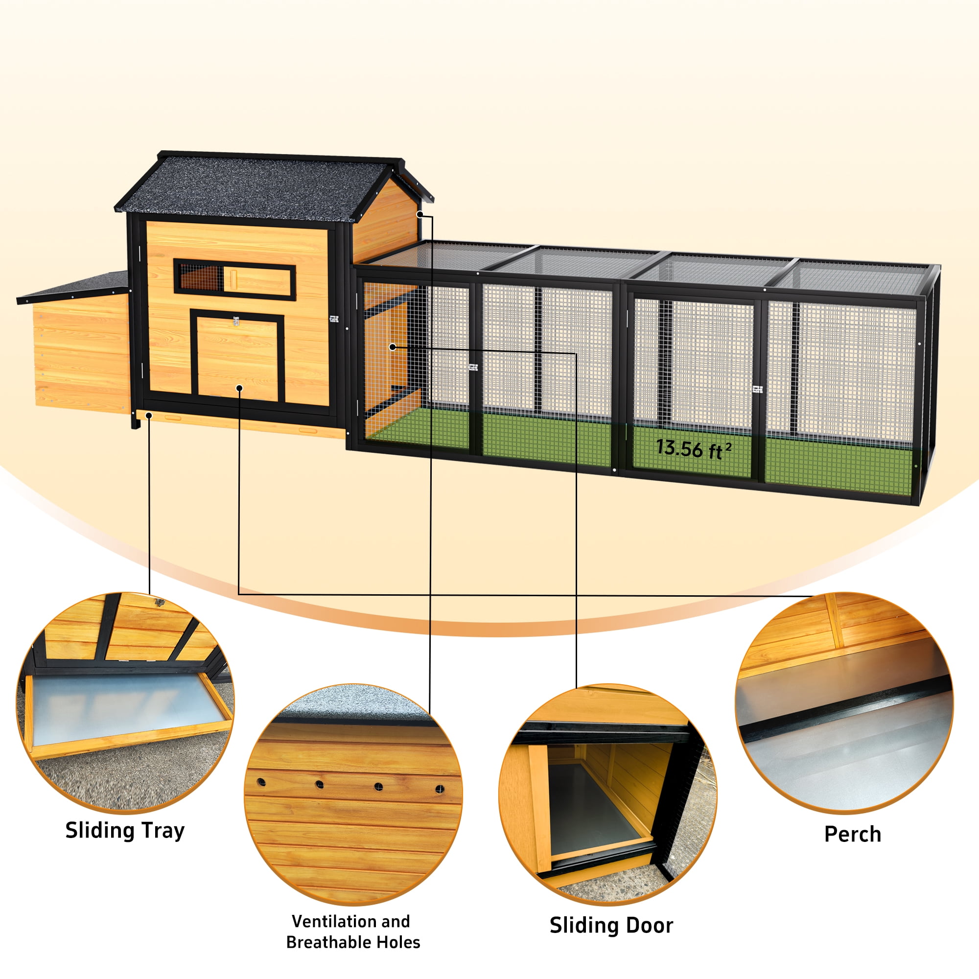 Pefilos 118" Outdoor Large Chicken Coop, Wooden Hen House with Pull-out Tray, Runs and Chicken Nesting Box Rabbit Hutch Bunny Cage, Yellow