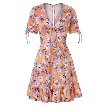 wish AliExpress Ebay hot sexy short sleeve V-neck print ruffle bandage dress