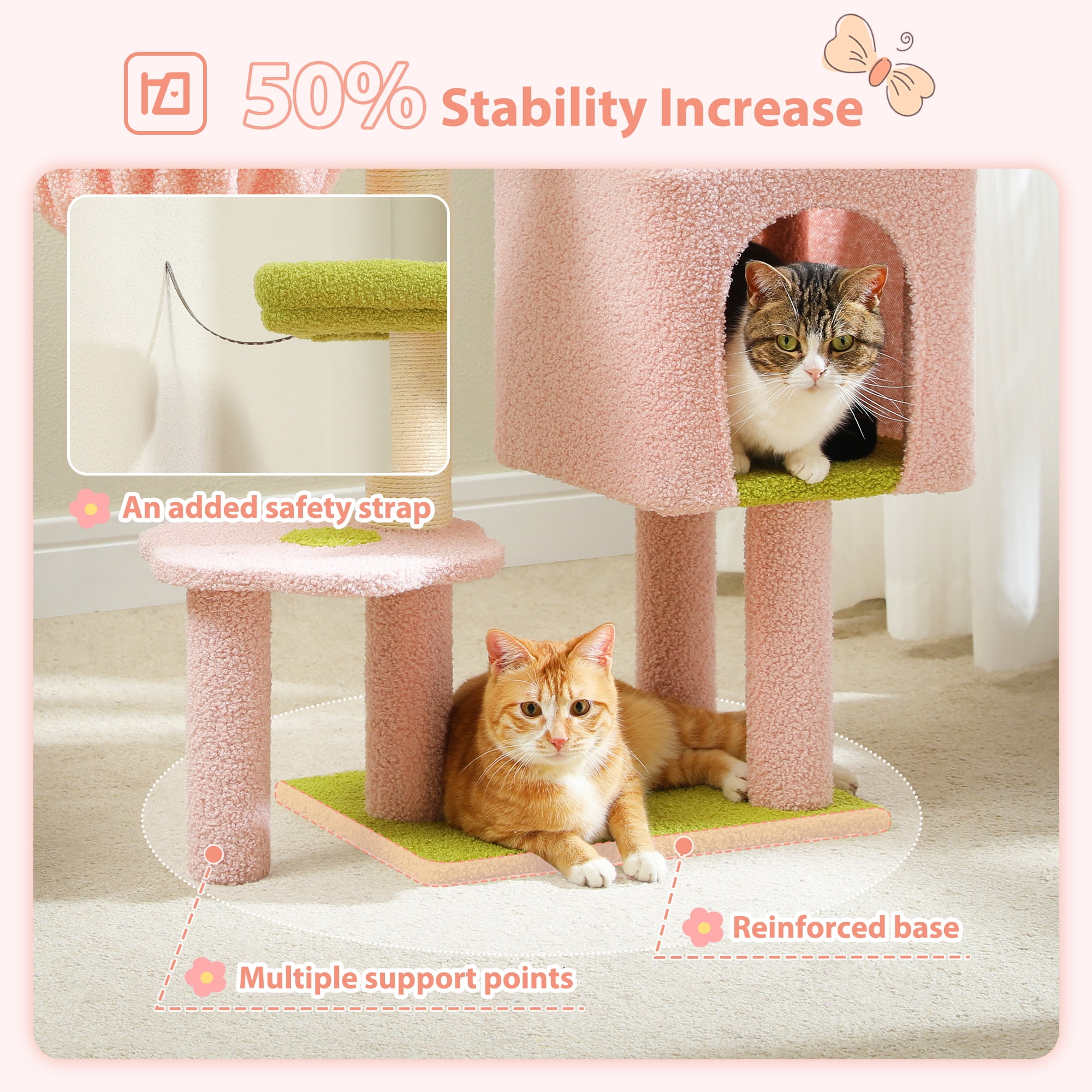 Pefilos 35.4" Flower Cat Tree Tower for Indoor Cats w/Large Top Bed, Comfy Hammock for Kittens, Cat Scratching Post and Dangling Ball, Pink