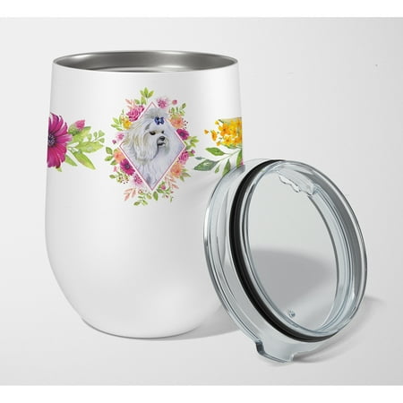 

Carolines Treasures CK4159TBL12 Maltese Pink Flowers Stainless Steel 12 oz Stemless Wine Glass 12 oz multicolor