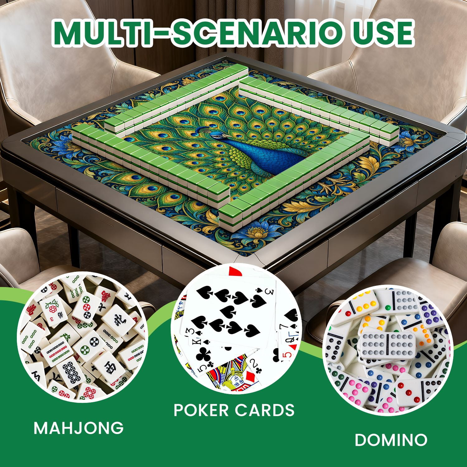 Mahjong Mat 31.5" x 31.5" Vibrant Peacock Colorful Feather Display Intricate Mandala Non-Slip Noise Reduction Mahjong Tiles Table Cover for Dominoes Poker Card Board and Tile Games
