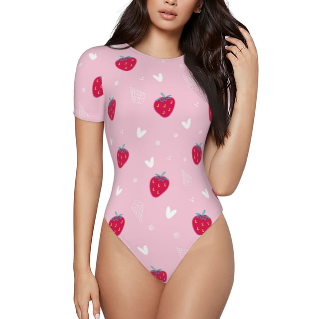 Fotbe Strawberry And Heart Body de Mujer con Cuello Redondo y Mangas Cortas, Sin Mangas Ajustado, Suave, Cómodo y Básico-X-Large