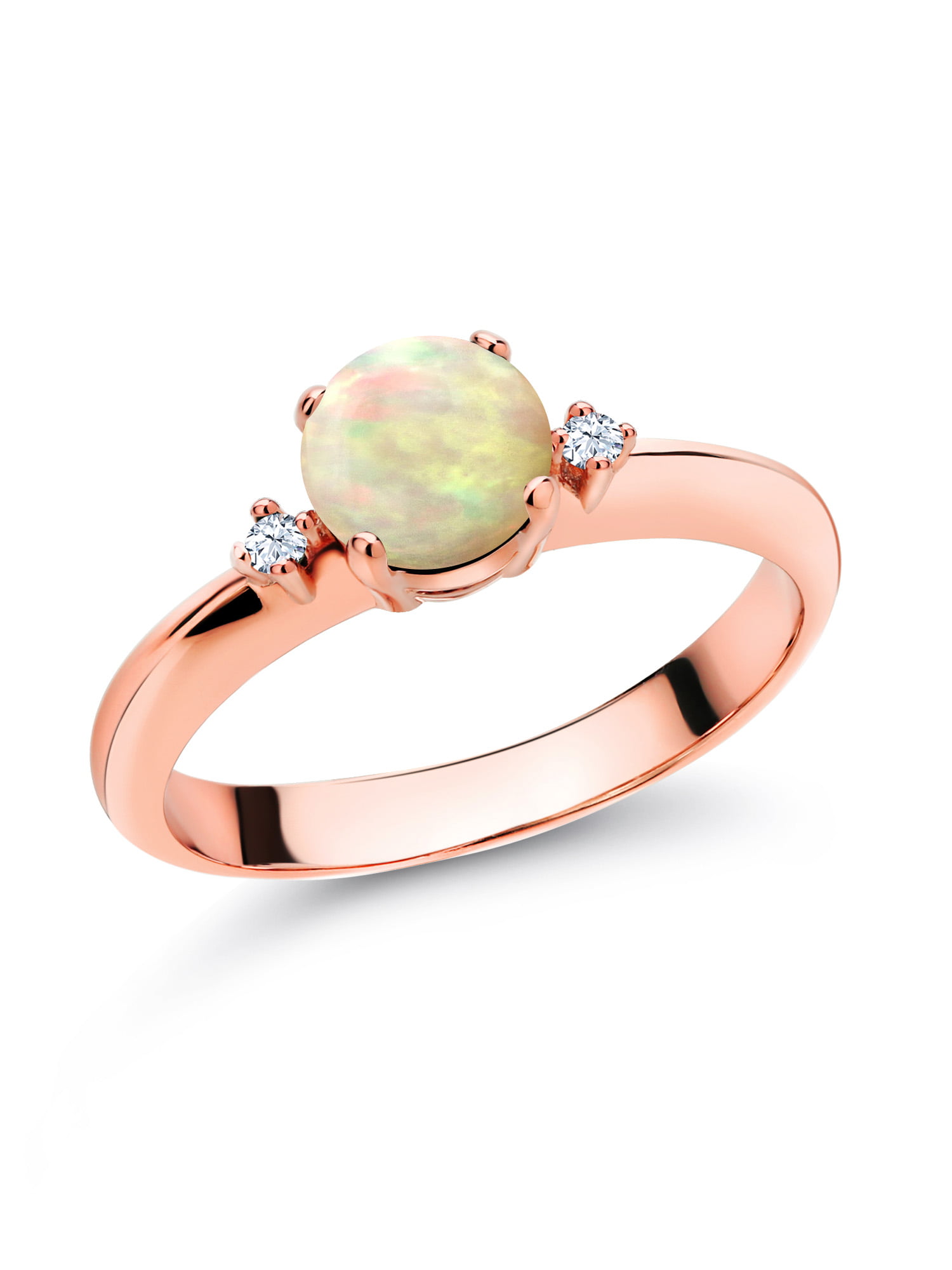 Gem Stone King 0.59 Ct Round Cabochon White Ethiopian Opal 18K Rose Gold  Plated Silver 3-Stone Engagement Ring