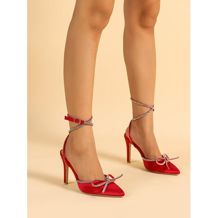 

Rhinestone & Bow Decor Point Toe Stiletto Heeled Ankle Strap Pumps Women‘s Shoes Women‘s Footwear