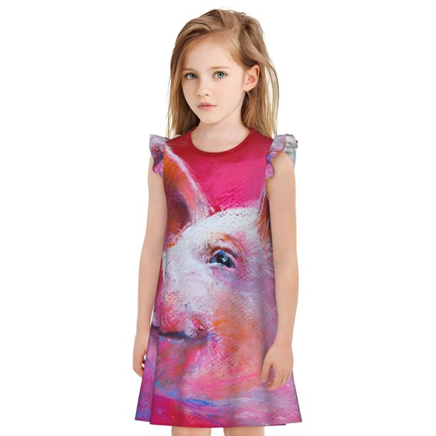 Fotbe Pig Vestido de Dormir para Niñas de 3 a 10 Años, Mangas Cortas, Estilo Princesa, Pijama Camisón con Mangas Voladas-XX-Large