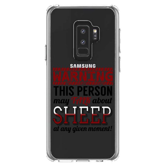 DistinctInk Clear Shockproof Hybrid Case for Samsung Galaxy S9  PLUS (6.2" Screen) - TPU Bumper Acrylic Back Tempered Glass Screen Protector - WARNING This Person May Talk About Sheep